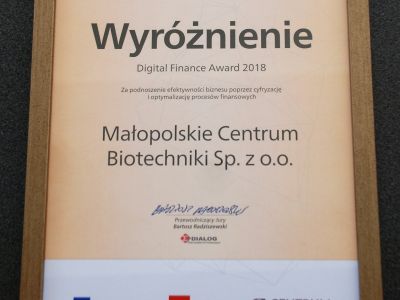 Digital Finance Award 2018 dla Małopolskiego Centrum Biotechniki !